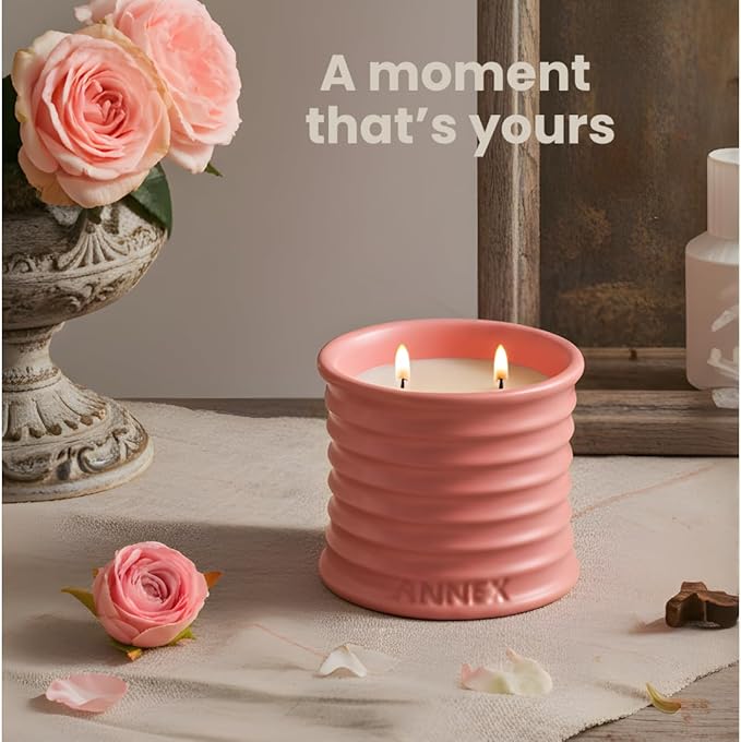 Annex Rose & Oud Luxury Scented Candle - 8oz Handmade Pink Ceramic Jar Candle - 50hr Clean Burn, 100% Non-Toxic Soy Wax, Aesthetic Home Decor Winter Gift for Men & Women - Luxury Floral Notes
