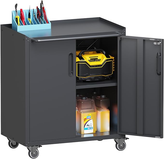 Garage Storage Cabinets with Wheels, Locking Metal Storage Cabinets with Doors and Adjustable Shelves, Easy Assembly Tool Cabinet for Garage,Basement,Warehouse