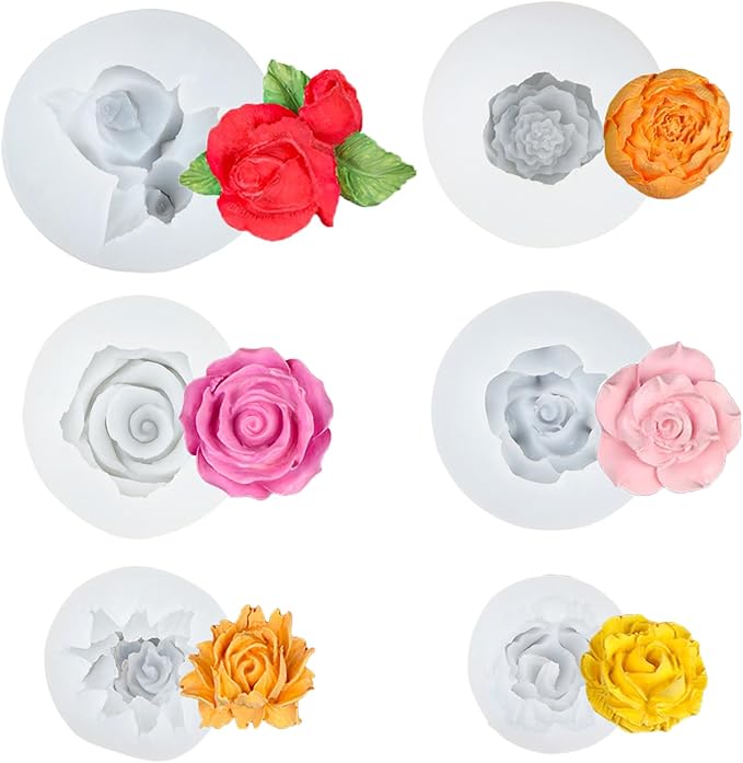 Flower Candle Resin Mold,Silicone Flower Mold for Candle Making 6Pcs 3D Rose Peony Valentine Mother Day Silicone Candle Mold for Soap Soy Wax Beeswax Resin Craft