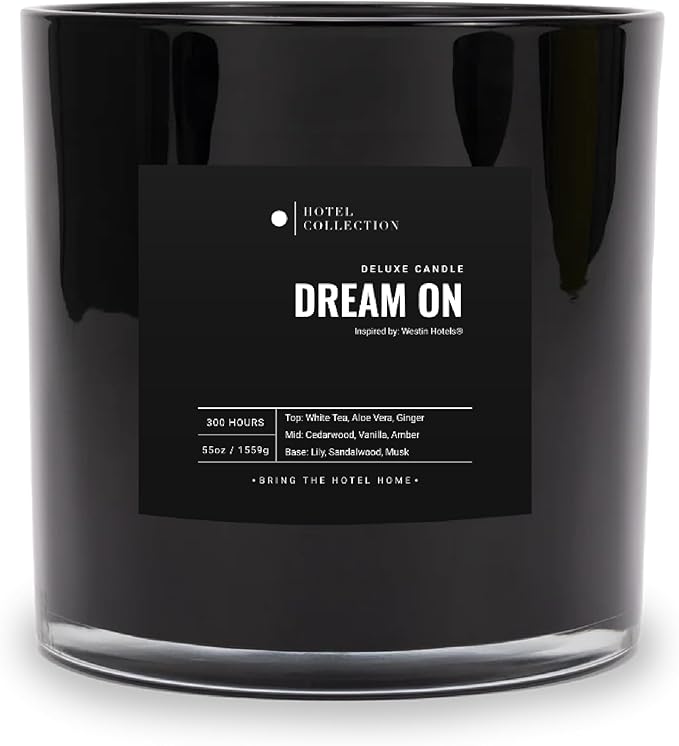 Dream On Deluxe Scented Candle, Luxury Hotel Inspired Big Candle with Hints of Fresh White Tea, Sweet Vanilla, and Earthy Cedar, Long Lasting 300 Hour Burn Time, 55oz Black