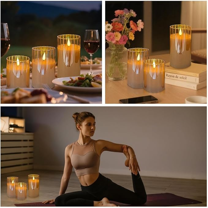 Rechargeable Flameless Candle, Flashing LED Pillar Real Wax Candle with Remote Control and Timer, Gold Stripes Glass Electronic Candles for Room Decoration, 1 Set of 3