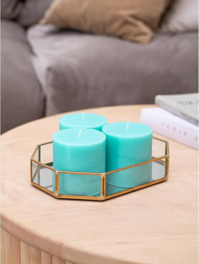 CANDWAX 3x3 Pillar Candles Set of 3 - Rustic Unscented No Drip Turquoise Candles for Home Decor, Weddings, Centerpieces