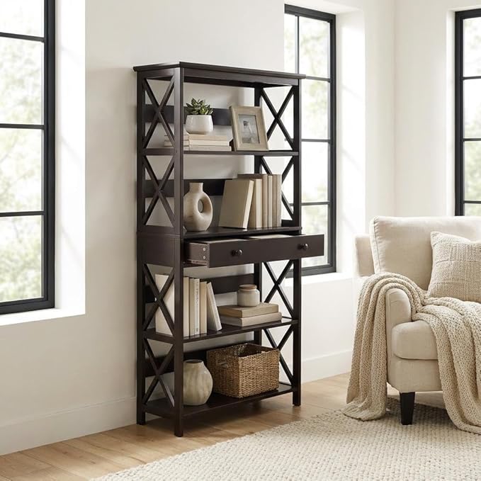 Furnifact Black 5 Tier Bookcase with Drawer, Modern Storage, Durable Particle Board, Non Lead Paint Finish, Home Office or Living Room Organizer