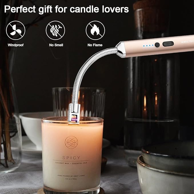 ARECTECH Electric Arc Candle Lighter Flameless Rechargeable USB Long Lighters for Candle Cooking BBQs Fireworks Gold