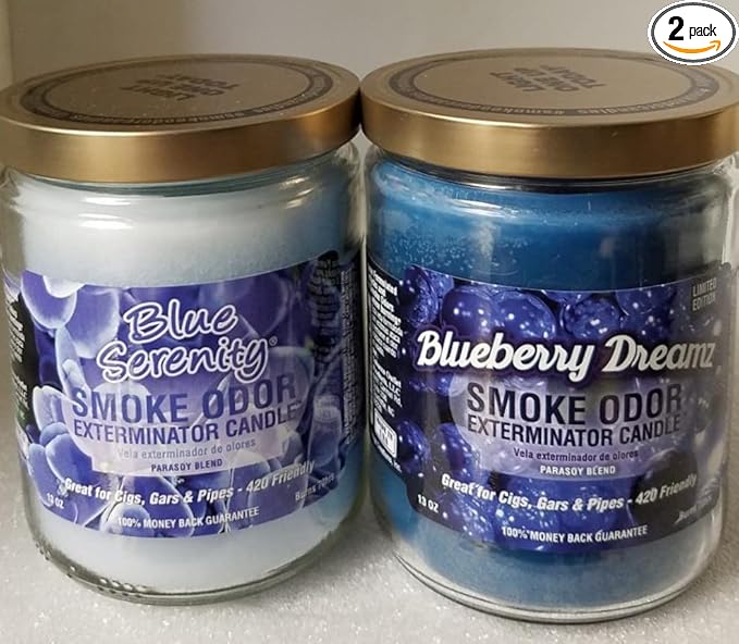 Smoke Odor Exterminator 13 oz Jar Candles Assortment Two Fragrances Bundle Blue Serenity/Blueberry Dreamz.