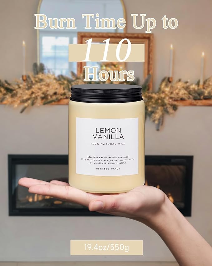 M&SENSE Lemon Vanilla Scented Candles, 19.4oz Organic Soy Wax, 110 Hours Long Lasting Slow Burn, Natural Candles Non Toxic, Fruity Scent Stress Relief Gifts for Women, Home Fragrance for Bath
