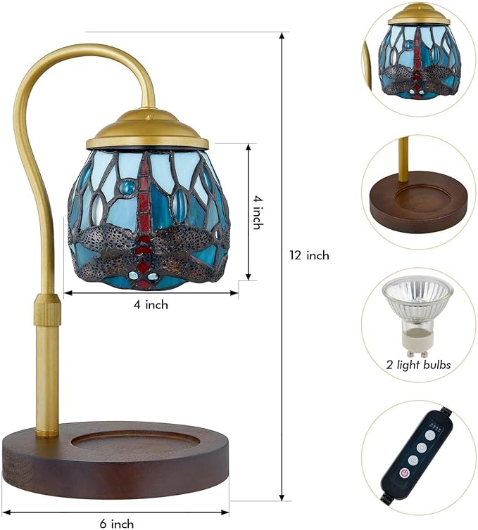 Tiffany-Style Candle Warmer Lamp | Handcrafted Stained Glass Home Decor with LED Bulb | Flameless Wax Melter for Living Room, Bedroom, Housewarming Gifts (Dragonfly)