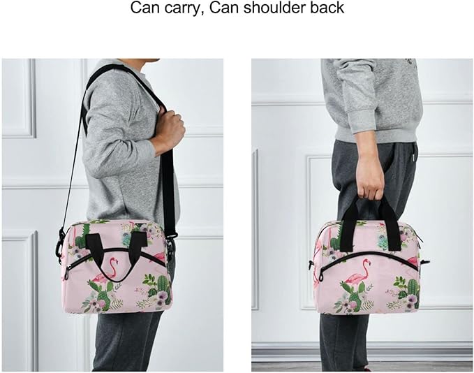 CBBYY Flamingo and Cactus Flowers Lunch Bags for Women Men, Reusable Insulated Lunch Box, Adjustable Shoulder Straps Tote Lunch Bag for Work Picnic School