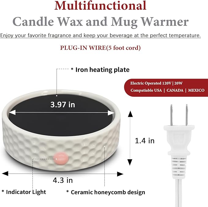 Electric Large Candle Warmer Plate - Ceramic Candle Wax Warmers for Jar Candles, Coffee Mug Warmer, Cup Warmers for Home Office, Aromatherapy Fragrance and Heating Beverage, Milk, Tea, Hot Chocolate