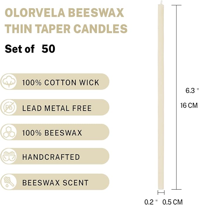 Pure Beeswax Candles, 6.3" Decorative Thin Taper Candles,Honey Scented, Dripless, Smokeless, 30min Burn Time for Birthday, Dinner, Prayer, Church, Hanukkah, Christmas (White, 50 pcs)