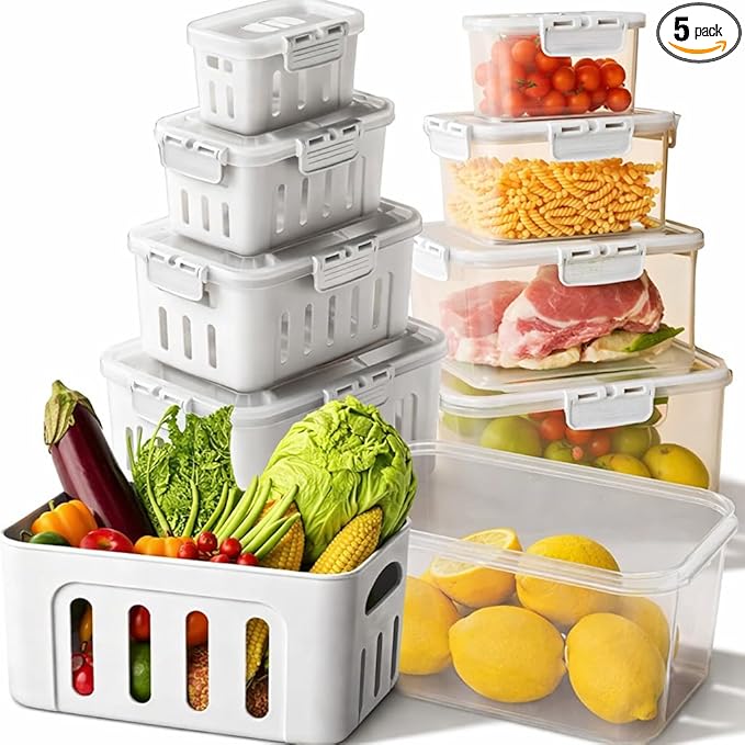 Fruit Containers for Fridge Keep Fresh, 5-Pack Food Storage Containers with Lids, Meal Prep Containers, Fridge Storage with Removable Colander, Microwave & Dishwasher Safe (White)