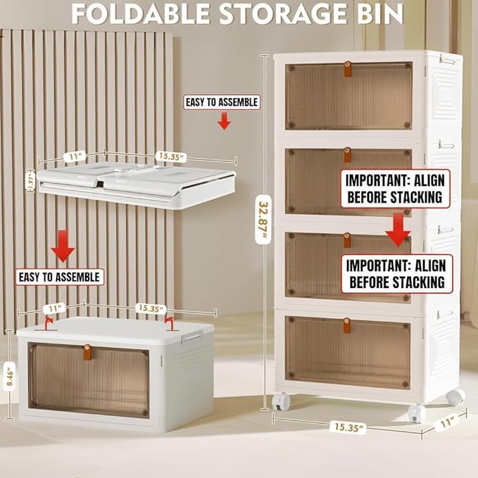 4 Tier Plastic Storage Bins with Lid 23QT, Stackable Storage Containers with Wheels, Folding Storage Boxes, Stackable Storage Bins, Organizers and Storage for Living Room,Office,Dorm