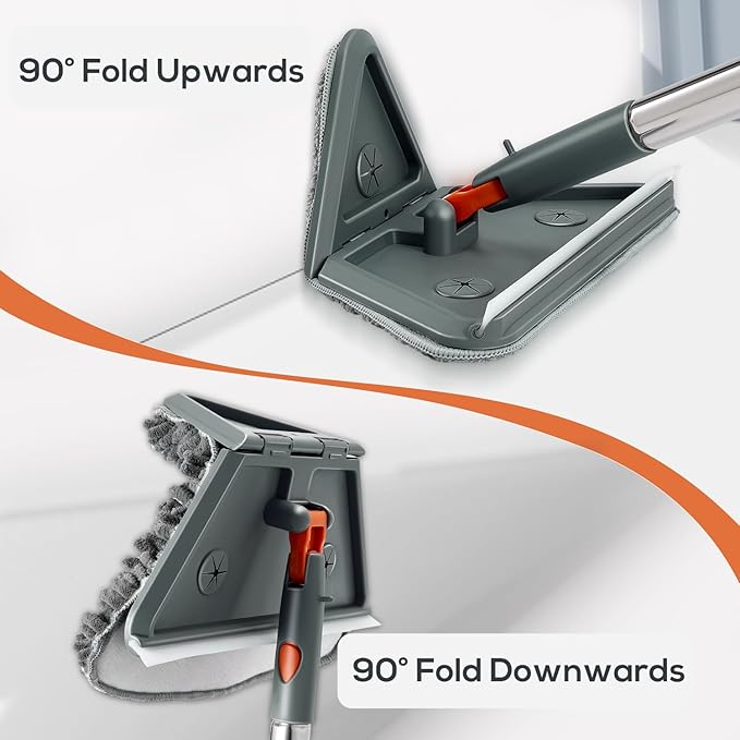 Base Board Cleaner Tool with Handle, 360 Rotating Wall Cleaner Mop, 180 Folding Ceiling Tool Duster with Squeegee for Cleaning Wall, Ceiling, Window, Floor, 8 Replacement Cleaning Pads