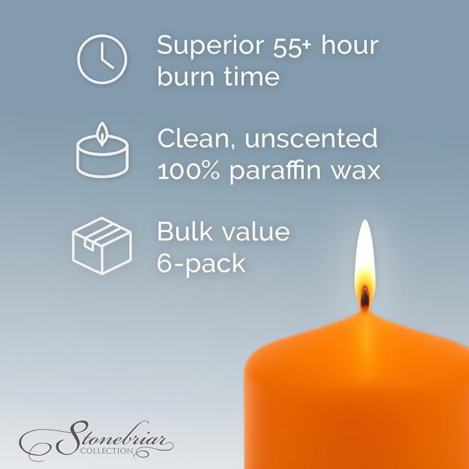 Stonebriar Unscented Pillar Candles – 65 Hour Burn Time, Long-Lasting Wax Candles for Weddings, Holidays, Home Décor & Special Events, Pack of 6, Orange, 3" x 6"