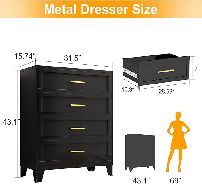 Ckzbx Metal Dresser Tall Black Dresser for Bedroom Chest,43.11" H Drawer Chest, Closet Dressers & Chests of Drawers for Living Room, Hallway (4 Drawers)