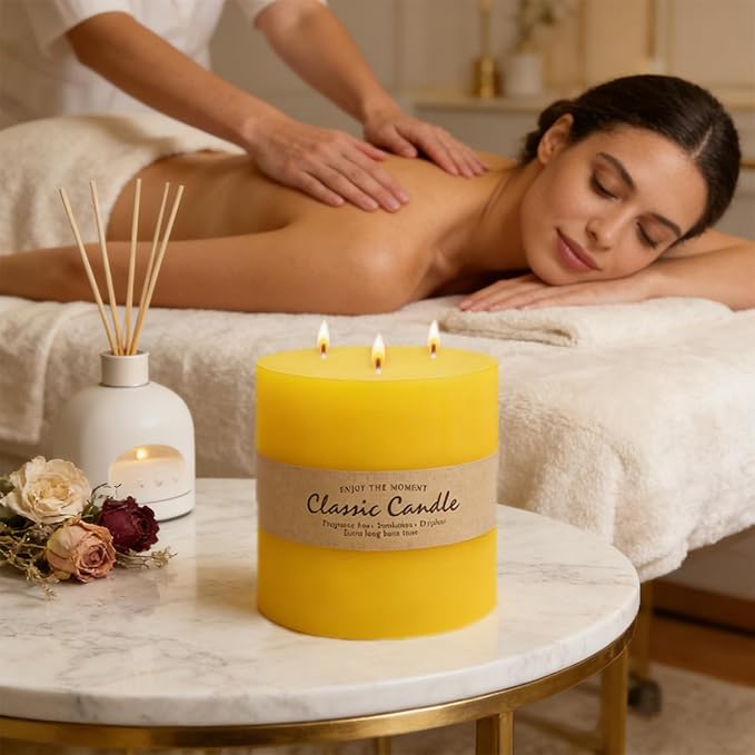 Large 3-Wick Yellow Pillar Candle - 6x6 Inch Dripless & Smokeless Unscented Fat Candle, 120 Hour Long Burning Hand-Poured Thick Candle with Cotton Wicks