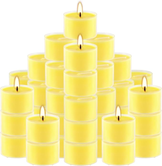 100 Pack Clear Tea Lights Candles Bulk, Summer Citronella Candle Outdoor and Indoor, for Birthday Emergency Home Garden(8 Hour, Yellow)
