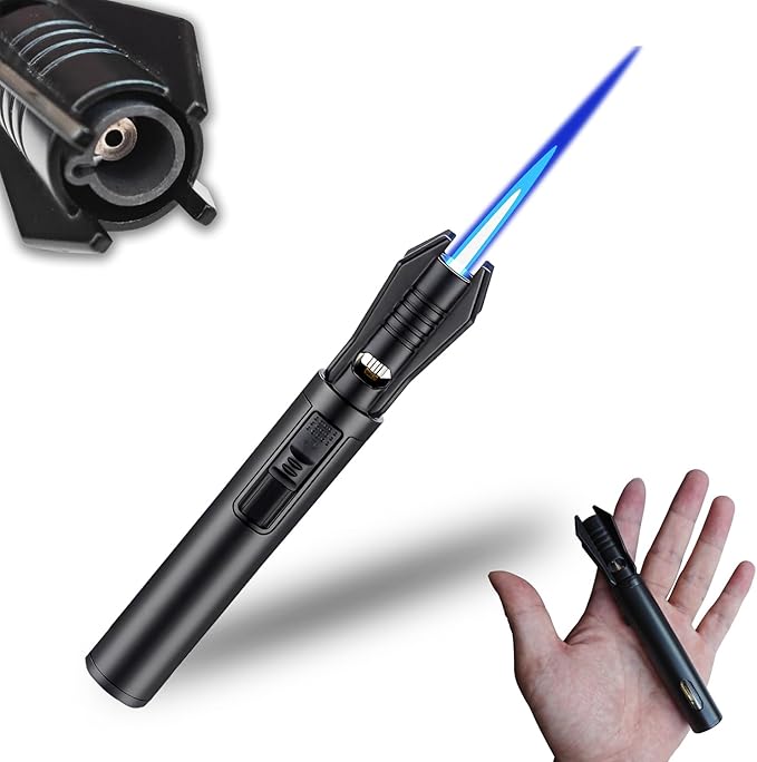 Torch Lighter - Windproof Jet Flame Refillable Butane Lighter with Adjustable Flame, Lightsaber Design, Visible Window, for Kitchen, Outdoor(Gas Not Include) (Black)