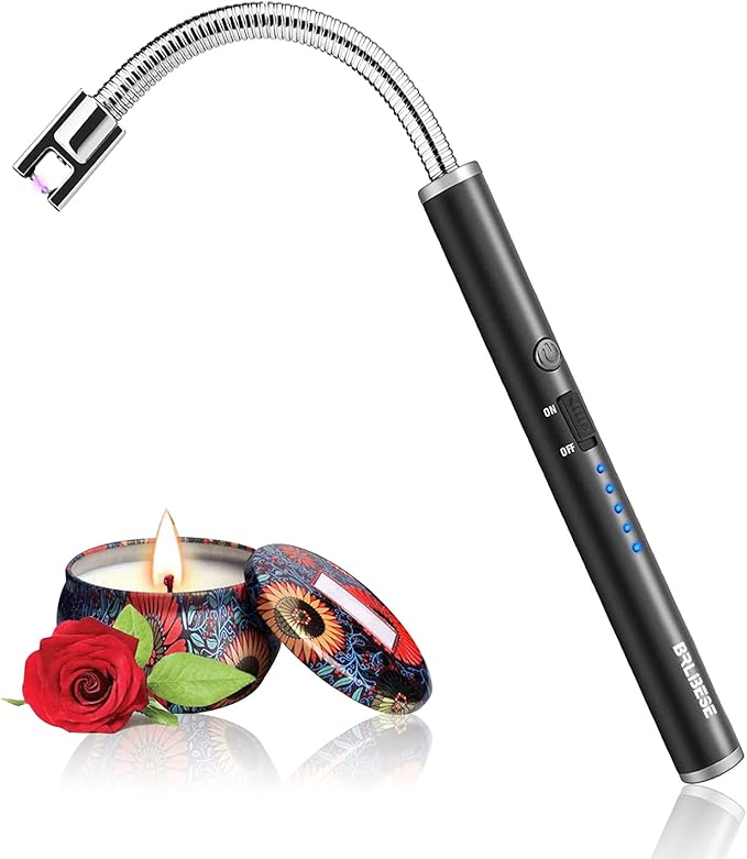 Candle Lighter, USB Charging Flame Candle Electronic Arc Lighter with LED Battery Display Safety Switch, Longer Flexible Neck for Camping BBQ Gas Stoves and Fireworks (Black)