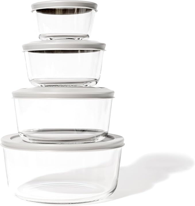 DURA LIVING 8-Piece Glass Food Storage Containers Set (4 Containers + 4 Lids) | Round, Nesting, Microwave & Dishwasher Safe | BPA-Free, Space-Saving | Grey Lids for Pantry & Kitchen Organization