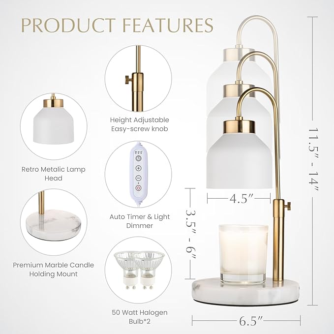 Marble Candle Warmer Lamp with Timer & Dimmer - Adjustable Height Electric Wax Melt Warmer fit for All Jar Candle Sizes, Premium Marble Base - Flameless Fragnance Lamp for Home Decor & Gifts