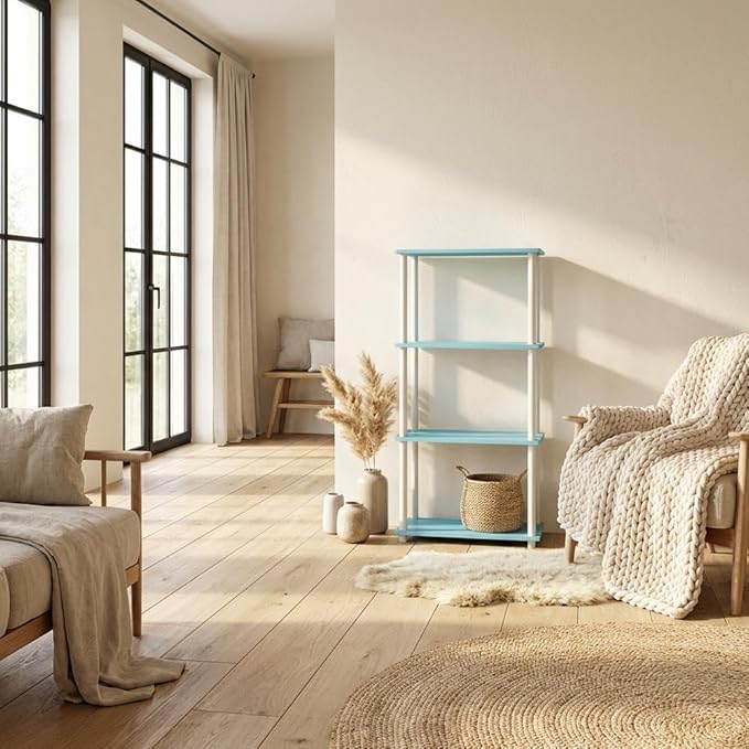 Furnifact Light Blue White Bookcase with Wooden Shelves, Contemporary Design, Durable Wood Material, Ample Storage for Home or Office