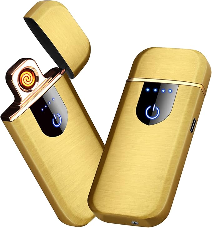 Electronic Lighter Smart USB Rechargeable, Mini Portable Design with Touch Dual-Sided Ignition - Windproof and flameless, Featuring Plasma Technology, Battery Indicator, and Lightweight Build (Gold)