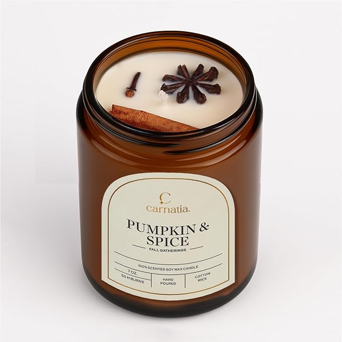 Carnatia Pumpkin & Spice Scented Candle – 7 oz | 100% Soy Wax with Cotton Wick | 50 Hour Burn | Aromatherapy Candle for Home, Cozy Fall Ambience & Relaxation | Gift for Women & Men