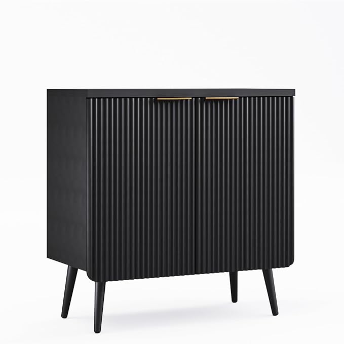 Sideboard Buffet Cabinet with Storage, Modern Fluted Accent Credenza with 2 Doors, Buffet Media Console Entryway Cabinets with Adjustable Shelves for Living Room Dining Room Hallway, Black