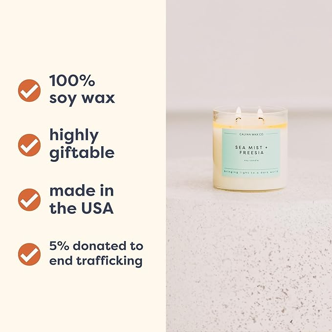 Calyan Wax Co. Sea Mist & Freesia 2 Wick Scented Candle - 37 Hour Burn - Luxury Non Toxic Soy Wax Candles - Long Lasting Large Glass Jar Candle for Home - 8.8oz