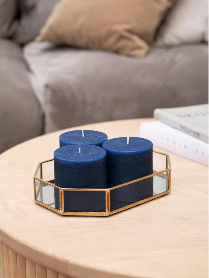 CANDWAX 3x3 Pillar Candles Set of 3 - Rustic Unscented No Drip Dark Blue Candles for Home Decor, Weddings, Centerpieces