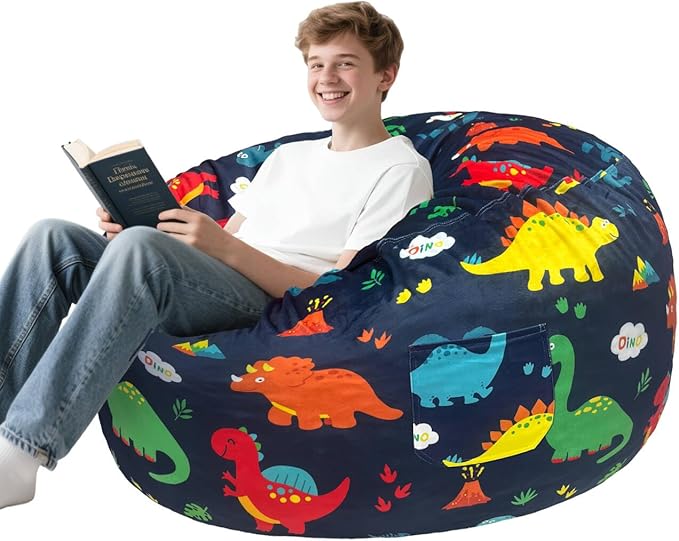 Lukeight Dinosaur Stuffed Animals Storage Bean Bag Chair Cover Only (Ships Empty, No Filling) - Velvet YKK Zipper Beanbag Cover for Teens Adults, Washable Plush Toy Organizer, XXX-Large 42" D x 23" H
