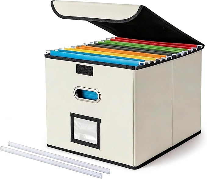 CADONO File Organizer Box with Lid, Large Hanging File Folder Organizer with Plastic Slide, Collapsible Portable Filing Storage Boxes for Office/Decor/Home (Beige, 14.9 x 12.59 x 10.8 inch)