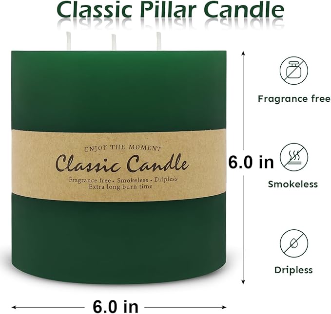 Large 3-Wick Green Pillar Candle - 6x6 Inch Dripless & Smokeless Unscented Fat Candle, 120 Hour Long Burning Hand-Poured Thick Candle with Cotton Wicks