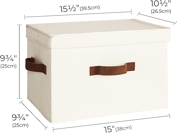 StorageWorks Fabric Storage Bins with Lid, Decorative Storage Boxes for Shelves, Stackable Closet Organizer Basket with Handles, Large, Ivory White, 2-Pack