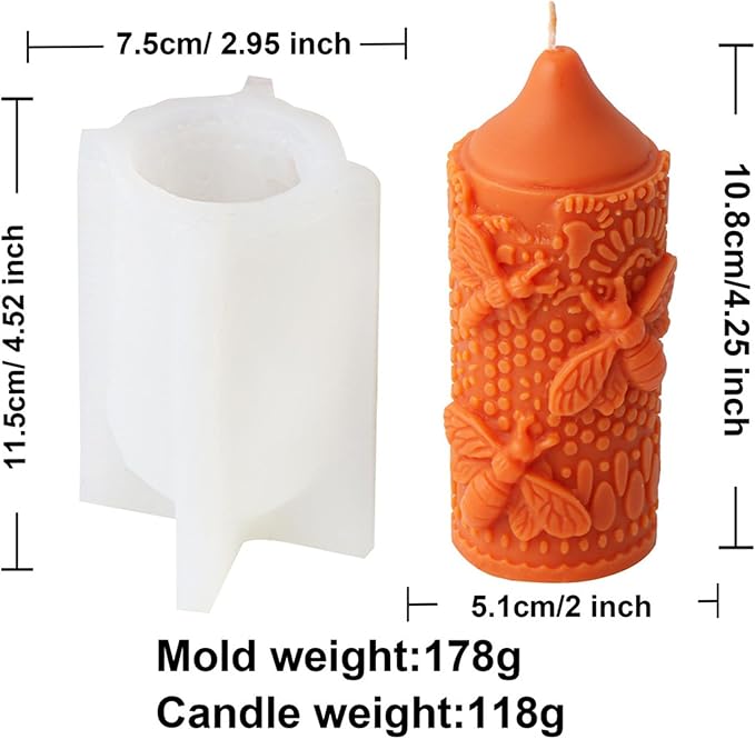 Bee Lace Trim Cylinder Candle Mold, Honeybee Beehive Pillar Silicone Mold for Beeswax Candle, Soy Wax Candle, Plaster Ornament, DIY Crafts (G)