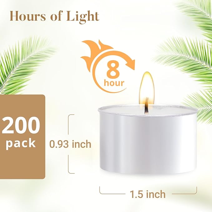 Tea Candles 200 Pack - 8 Hour Burn Time,Unscented Tea Lights Candles for Shabbat, Weddings, Christmas Lights, Home Decor