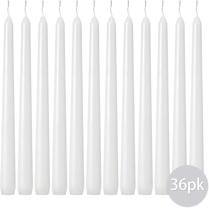 kedtui Taper Candles 10 inch (H) Dripless, Set of 36 White Unscented and Smokeless Taper Candles Long Burning, Paraffin Wax with Cotton Wicks for Burning 8 Hours Time