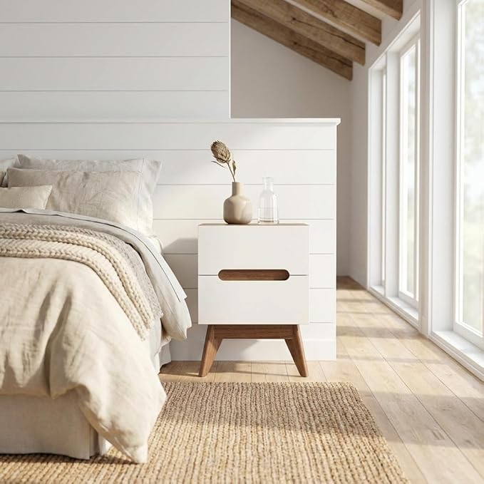 Furnifact White Mid-Century Modern Nightstand, Walnut Accents, 3 Spacious Drawers, Durable Construction, Easy Care, Single Piece Bedroom Storage Solution