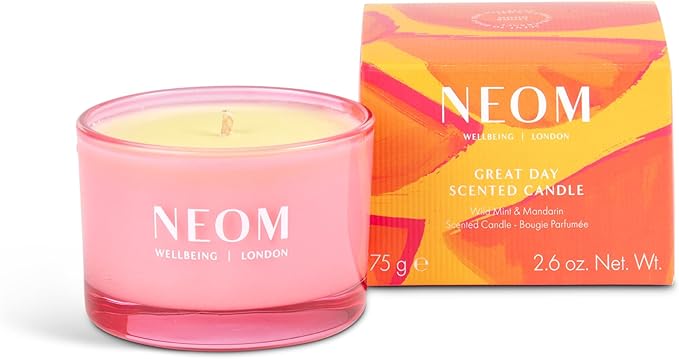 NEOM Great Day Scented Candle, Travel Size I Hand Finished I 100% Naturally derived Wax I Wild Mint and Mandarin I Designed to Help Uplift Your Day and Boost Your Mood.