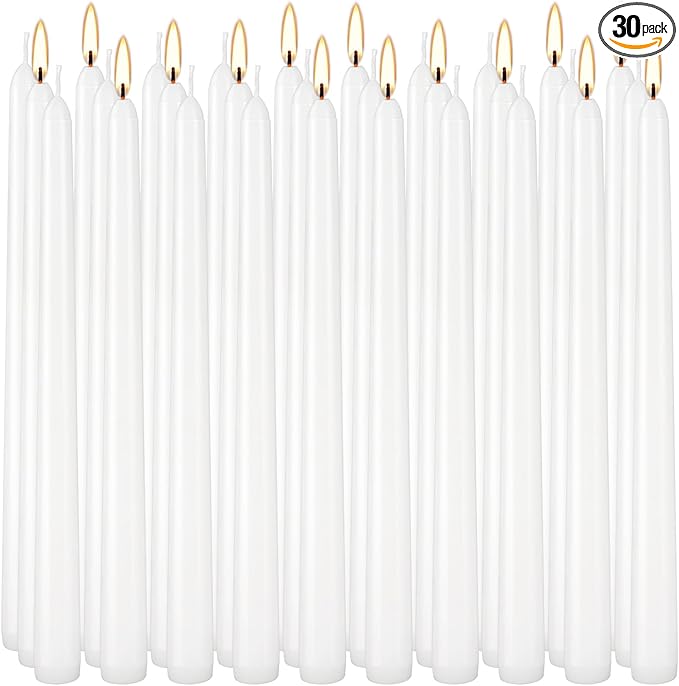 30 Pack 10 inch White Taper Candles, 7-7.5 Hour Burn Time,Unscented Dripless and Smokeless, Elegant Premium Quality Dinner Candle for Home Décor, Restaurant, Wedding, Party Candlesticks