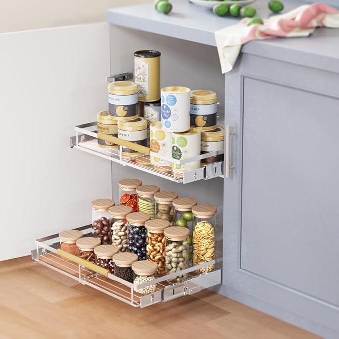 Pull Out Cabinet Organizer 2Pack, Heavy Duty Slide Out Pantry Shelves, Sliding Drawer Pantry Shelf for Kitchen, Living Room, Home, 14.16''-24.16''W x 17.3''D