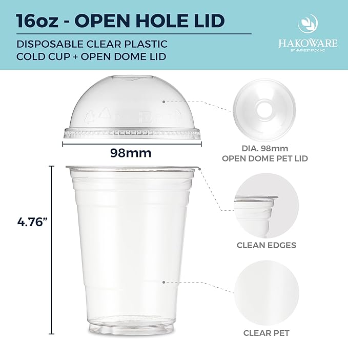 [200 SET]HAKOWARE 16oz Ultra Clear Disposable Plastic Cold Cups with Open Hole Dome Lids, PET Party Drinking Cups, Iced Coffee Smoothie Cold everage, Dubai Chocolate Strawberry Cups