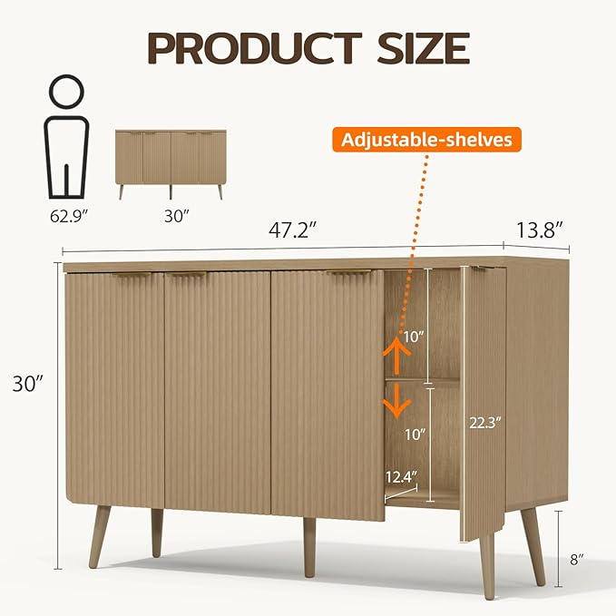 47.2" Sideboard Buffet Cabinet with Storage, Modern Fluted Accent Credenza with 4 Doors, Buffet Media Console Entryway Cabinet with Adjustable Shelve for Living Dining Room Hallway, Natual Oak