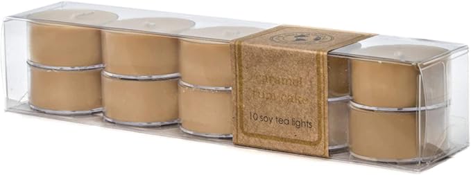 ECO CANDLE CO. Tea Light Candles, Caramel Rum Cake, 10-Pack - Scents of Caramel, Rum, Maple, Almond, Pear, & Vanilla - Recyclable, 100% Soy Wax, No Lead, Hand Poured, Midwest Soybeans, .6 oz. Each