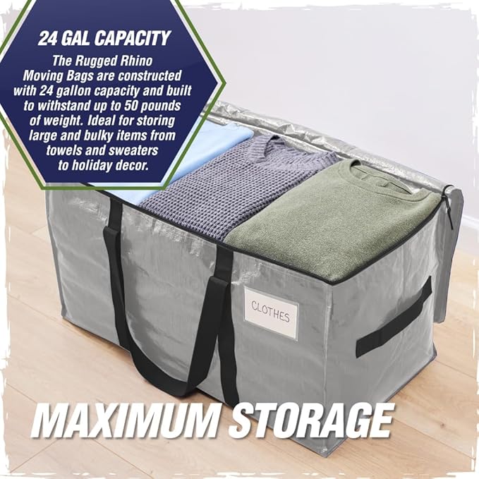 RUGGED RHINO 4 Pack Heavy Duty Extra Large Moving Bags, Durable Bag with Strong Handles and Zipper, Moving Boxes Alternative for College Packing, Holiday Décor, Space Saving Storage with Label, Silver