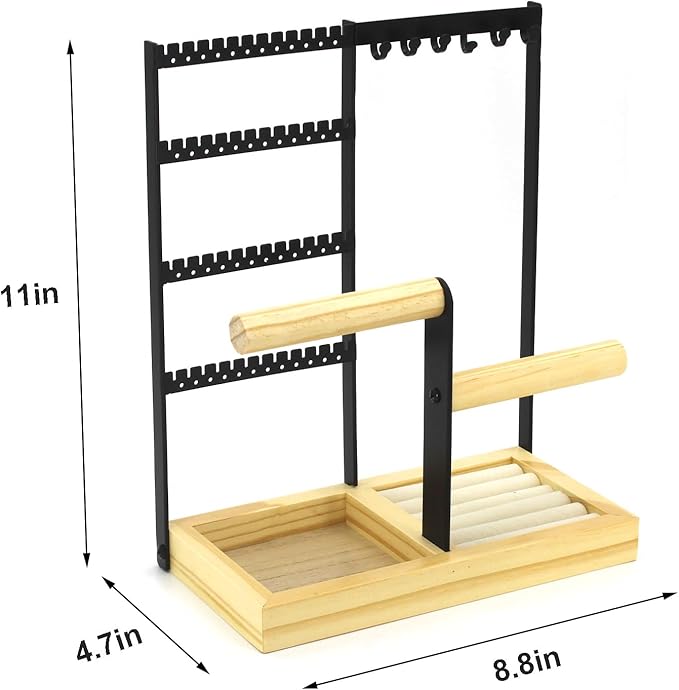 Jewelry Holder Organizer Jewelry Stand, 4-Tier Necklace Stand Earring Holder with Wooden Tray, Jewelry Rack for Bracelets Watches and Rings Display Stand, Gifts for Women & Girls-Black