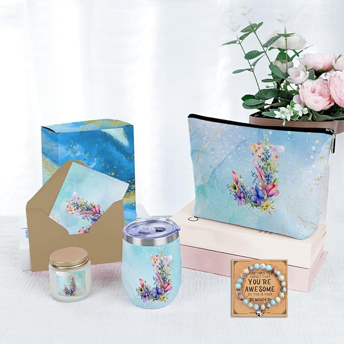 Personalized Gifts Monogrammed Birthday Gifts for Women, Maid of Honor Bachelorette Wedding Christmas Initial Wine Tumbler Makeup Bag Scented Candle Bracelet Set, (Aesthetic Blue Flower J)