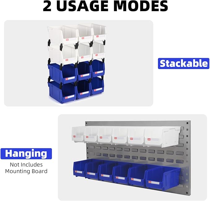 Stackable Storage Bins 12 Pack (7x5x4 Inch), Plastic Stackable Storage Organizer Bins Wall Mounted Hanging Small Parts Bin for Garage, Workbench & Office (Blue & White)