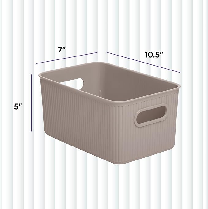 Superio Ribbed Collection - Decorative Plastic Basket Open Home Storage Bins Organizer, Medium Taupe (4 Pack) Container Boxes for Organizing Closet Storage Bins for Shelves Drawer Shelf 5 Liter